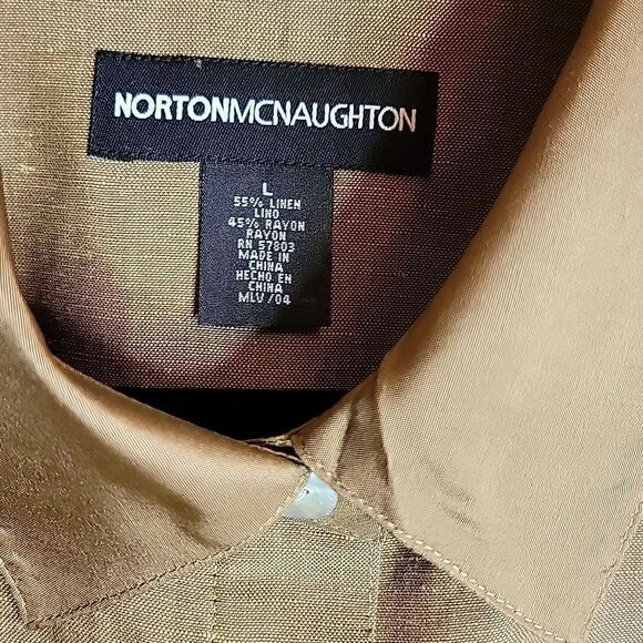 Norton McNaughton-Linen/Rayon tan colored shirt with 3/4 sleeves. L. NWT. - Picture 3 of 12